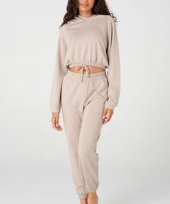 Onzie Outerwear & Sweatshirts Cinch Crop Hoodie - Taupe Fleece