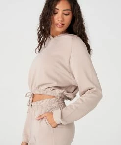 Onzie Outerwear & Sweatshirts Cinch Crop Hoodie - Taupe Fleece