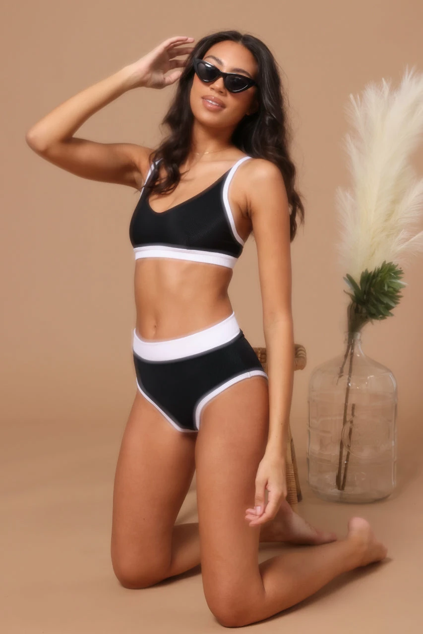 Onzie Color Block Bra - Black White Rib 7 Onzie Color Block Bra - Black White Rib